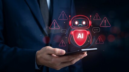 Man holding smartphone with AI robot and warning signs
