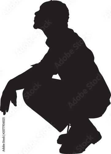 vector,  silhouette of side view of young man squatting and looking up