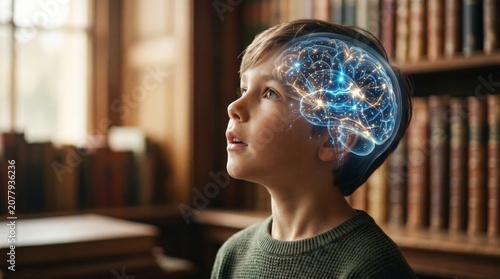 Boy imagining glowing neural network inside his brain. Child brainstorming with digital mind concept. Futuristic learning and development in library. Science and intelligence development idea.