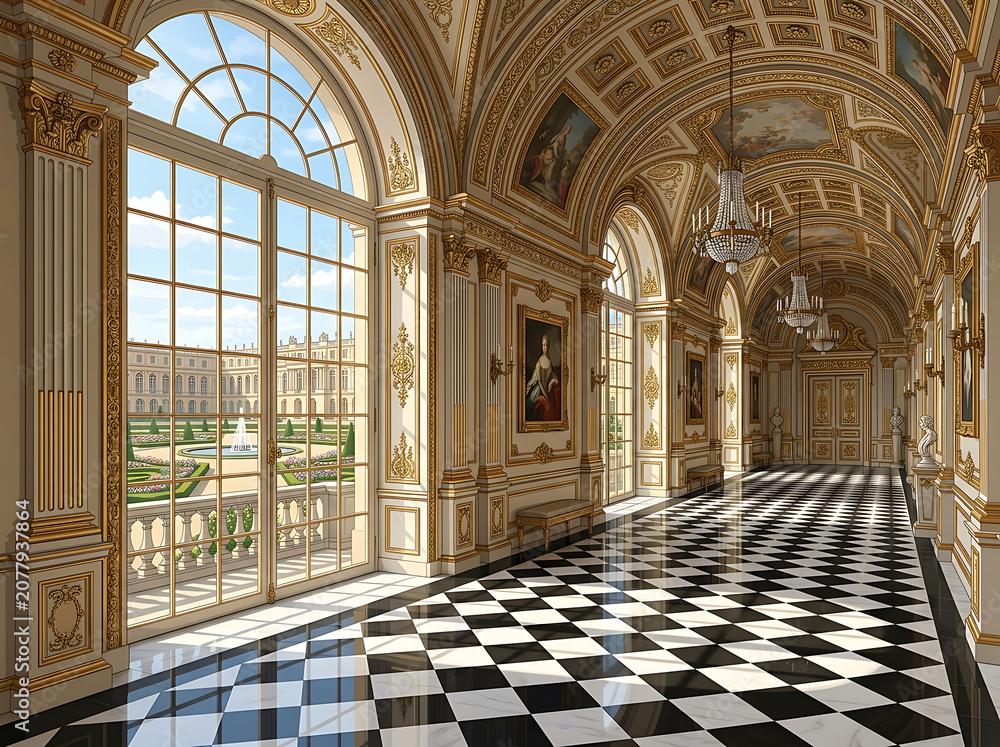 Fototapeta premium Grand Hallway Corridor Featuring Ornate Baroque Architecture with Checkerboard Floors and Floor to Ceiling Arched Windows Overlooking a Garden