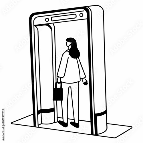 Woman standing in security scanner at airport with a bag  