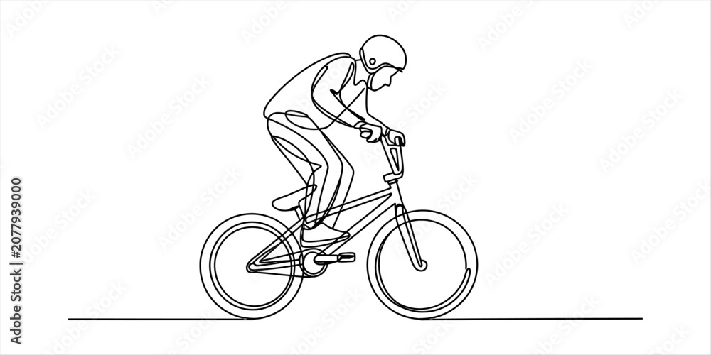 Obraz premium Continuous single line drawing of a person riding a bmx bike with a helmet