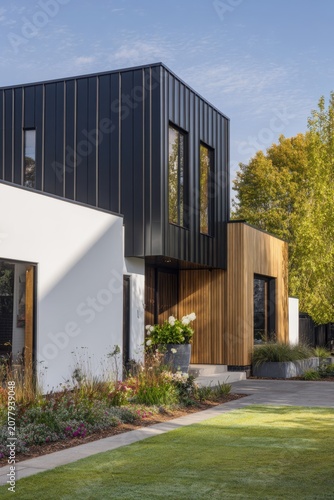 Contemporary house design showcases a stunning blend of black and wooden materials, complemented by a beautifully landscaped garden under the bright, sunny sky of daytime
