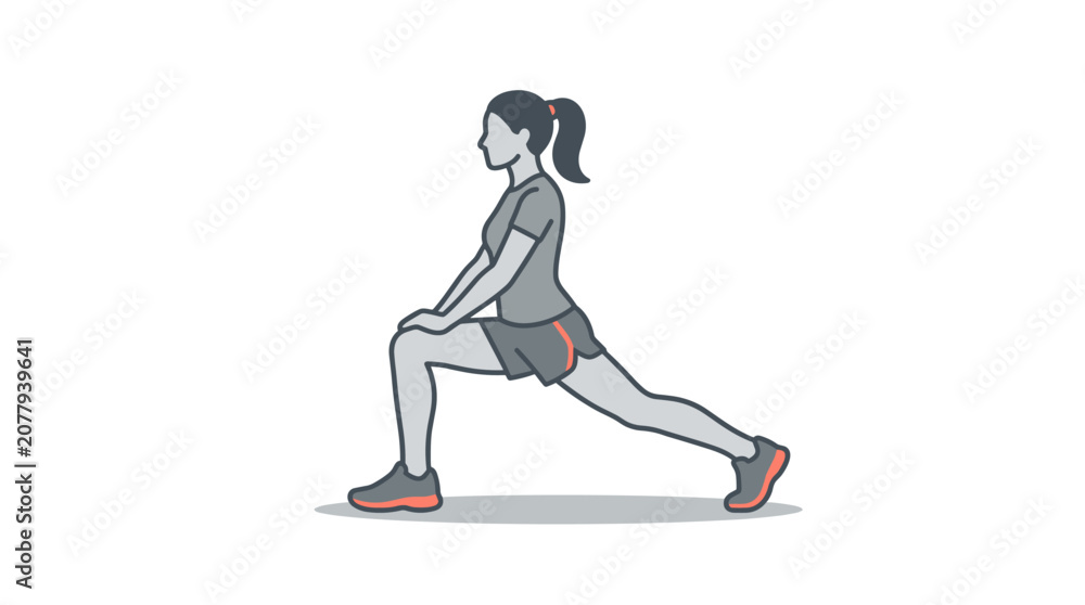 Fototapeta premium Pixel art of a woman in side view stretching after running, grey and coral palette, representing fitness and cool down