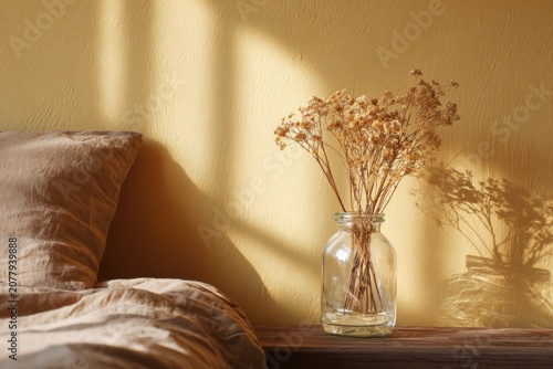 Dried flowers in a jar sit on a wooden shelf next to a cozy bed in a room with soft yellow walls and warm light coming through the window in the afternoon