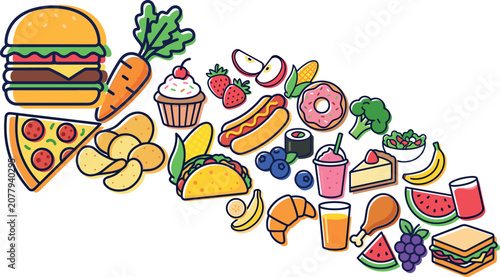 Foto Vector flat illustration of a dynamic diagonal arrangement of mixed food items f