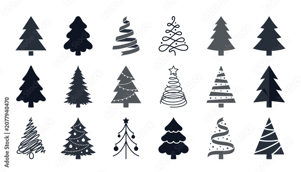 Obraz premium Christmas tree silhouettes collection vector illustration. Set of festive holiday icons, abstract spirals, decorative swirls.