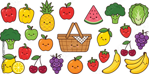 Cuadro en lienzo grocery produce cartoon clipart set with fresh garden vegetables lettuce broccol