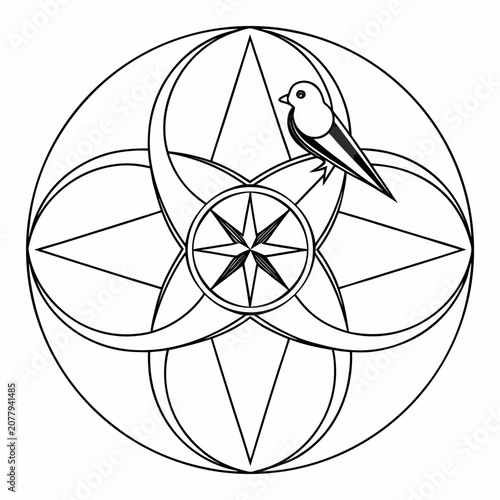 Abstract geometric design with bird and star elements in black line art  