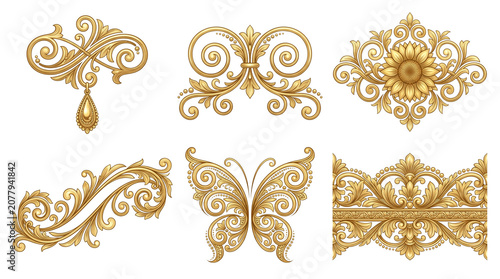Vintage golden baroque ornaments set, 6 elegant gold filigree scrolls and butterfly elements, luxury victorian decorative floral motifs for wedding invitations isolated PNG with Transparent