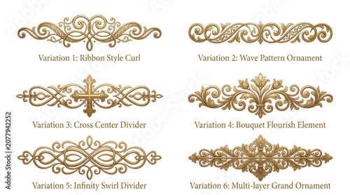 Vintage gold flourish ornaments set, 6 elegant decorative dividers with ribbon curls and floral scrolls, luxury metallic filigree elements for wedding invitations isolated PNG with Transparent