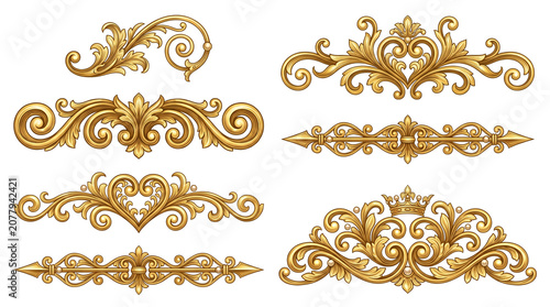 Vintage gold baroque ornament set, 7 luxury golden filigree scroll elements, antique victorian decorative borders for wedding invitations and certificates isolated PNG with Transparent Background