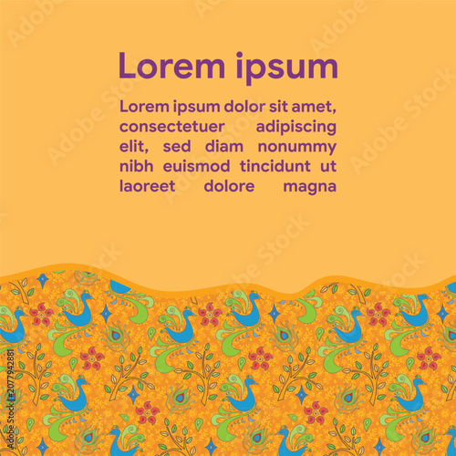 Colorful folk peacock bird vector banner with wave border on orange background
