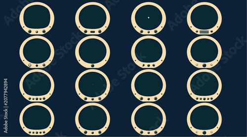 Multiple smartwatch screens with gold borders on dark background.
