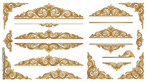 Vintage gold baroque frame collection, ornate golden filigree border set, luxury antique wood carving elements for wedding invitations and certificates isolated PNG with Transparent Background