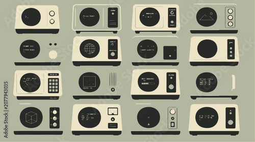 Collection of vintage style radios and audio equipment.