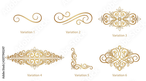 Elegant gold flourish collection with 6 variations, ornate victorian scroll ornaments, luxury golden filigree decorative elements for wedding invitations isolated PNG with Transparent Background