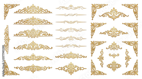 Vintage gold ornamental frames and dividers set, luxury baroque filigree borders for wedding invitations, elegant golden victorian decorative elements isolated PNG with Transparent Background