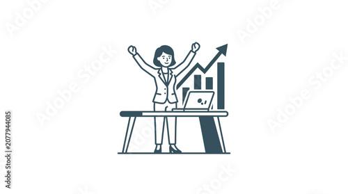 Foto Businesswoman celebrating success, standing at desk with laptop and growth chart