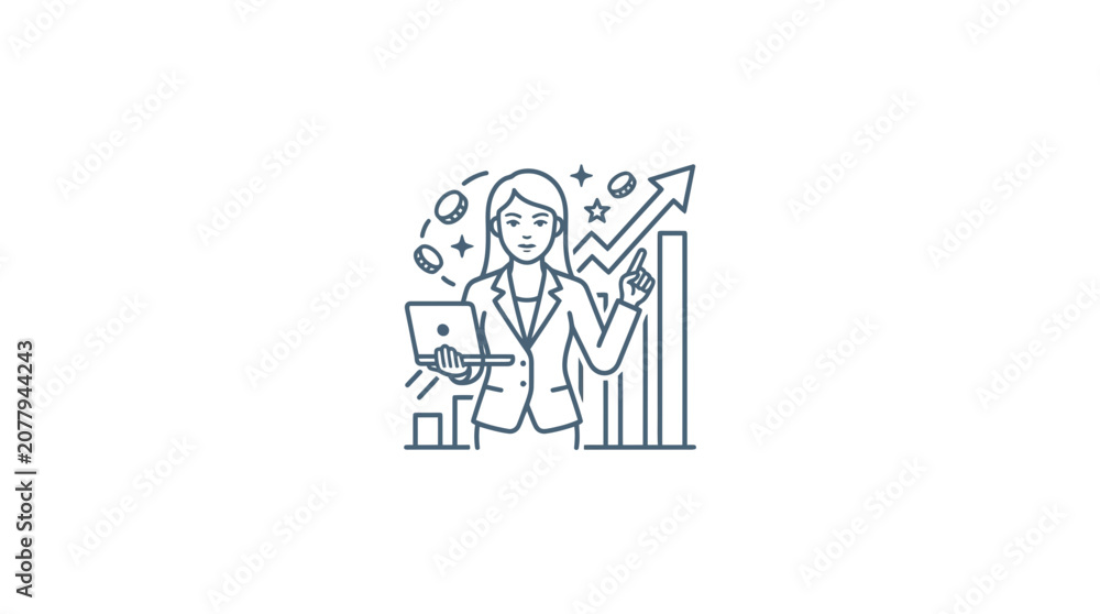 Fototapeta premium Businesswoman with Laptop and Growing Financial Chart, Investment Success