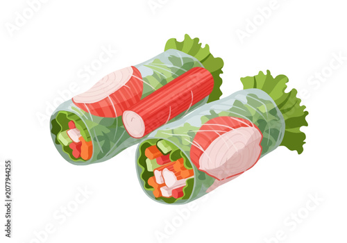 Vector illustration of Vietnamese spring rolls in translucent rice paper with sliced red fish, surimi crab sticks, fresh lettuce leaves, carrots and cucumber on white background.