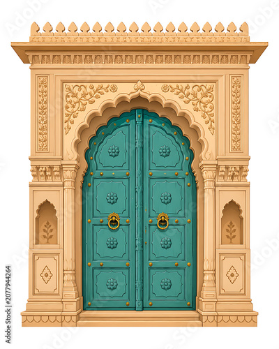 Heritage palace entrance with turquoise painted wooden doors and carved sandstone arch  modern limited color vector illustration