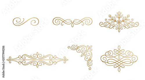 Vintage gold filigree ornaments, elegant floral swirl dividers and borders, luxury metallic decorative elements for wedding invitations isolated PNG with Transparent Background
