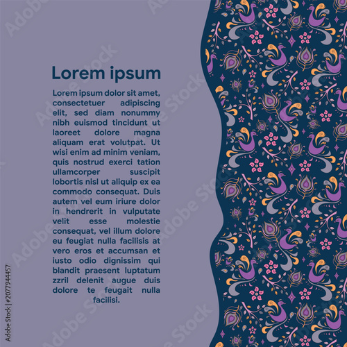 Purple folk peacock bird vector banner with wavy side border on dark blue background