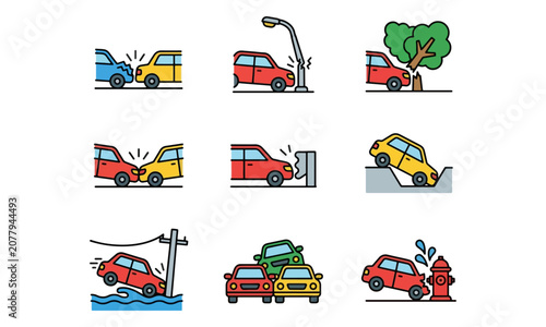 Car accident icons set with various vehicle crash scenarios