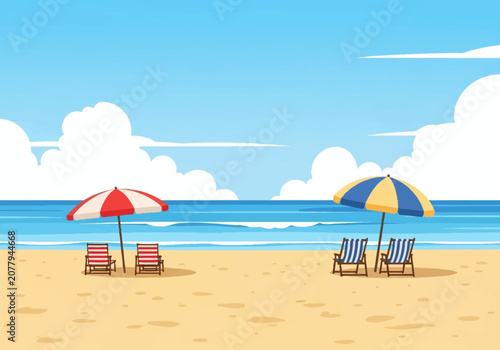 Flat vector illustration of a sunny beach with two pairs of striped deck chairs and matching parasols on tan sand facing blue ocean water and a bright sky with large white clouds.