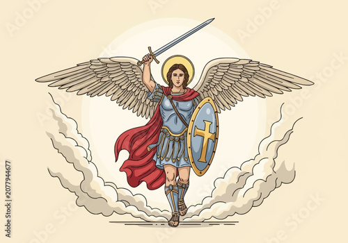 St Michael the Archangel vector illustration featuring spread wings, raised sword, shield with cross, Roman armor, red cloak, standing in clouds with a circular glowing background.