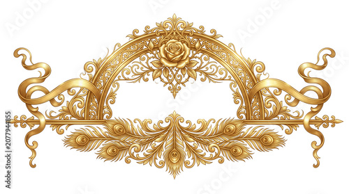 Ornate gold filigree frame with peacock feathers and rose, vintage baroque decorative border, luxury metallic floral architectural ornament isolated PNG with Transparent Background