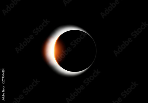 Total solar eclipse showing the moon blocking the sun with a bright white glowing corona and a distinct orange diamond ring effect flare against a deep black dark background.
