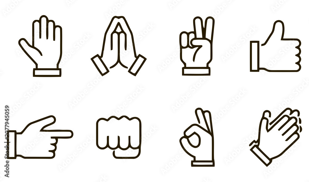 Fototapeta premium Hand gestures represent diverse non-verbal communication methods using simple line art symbols.