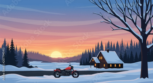 Vector illustration of a red motorcycle on a snowy road near a lit wooden cabin and pine forest during a winter sunset with a visible sun disk and bare tree in the foreground.