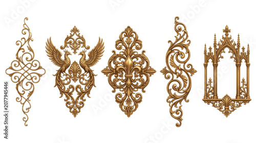 Vintage gold baroque ornaments, ornate metallic filigree collection, 5 decorative golden architectural elements with phoenix and gothic motifs isolated PNG with Transparent Background
