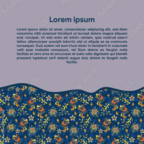 Orange folk peacock bird seamless vector background with wavy bottom border design