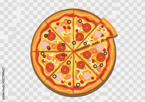 Top-down vector illustration of a whole pizza sliced into eight pieces with one slice separated, topped with tomato, black olives, ham, and melted cheese on a thick crust with sauce.