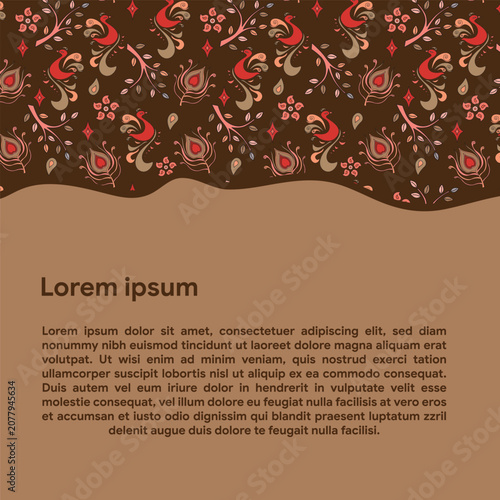 Red folk firebird vector banner with wavy bottom border on brown background