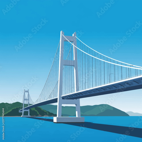 Detailed vector illustration of a suspension bridge along the Shimanami Kaido in Japan, featuring white pylons, steel cables, green hills, and blue sea water under a clear blue sky.