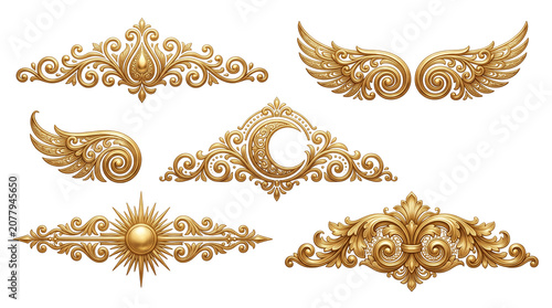 Vintage gold filigree ornaments set, 6 baroque decorative elements with wings and celestial sun moon motifs, ornate golden metallic flourishes isolated PNG with Transparent Background