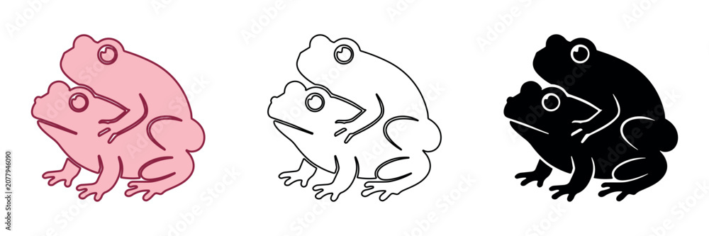 Fototapeta premium Two frogs in amplexus, a mating embrace, depicted in three distinct styles