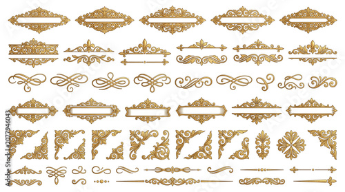 Vintage gold filigree ornament set, 48 luxury baroque frames and corners, antique metallic decorative flourishes for wedding invitations and certificates isolated PNG with Transparent Background