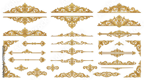 Vintage gold ornamental borders and frames, baroque style decorative filigree elements, luxury golden scrollwork dividers for wedding invitations isolated PNG with Transparent Background