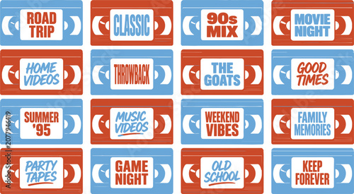 A collection of colorful cassette tape labels for music playlists and memories.