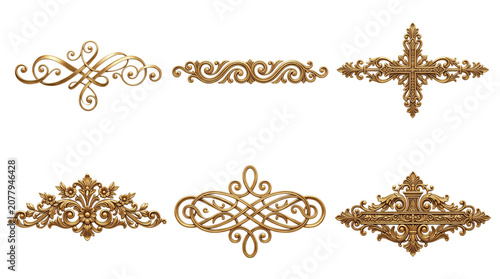 Vintage gold filigree ornaments, set of 6 antique bronze decorative borders, elegant baroque scrollwork elements for luxury invitation design isolated PNG with Transparent Background