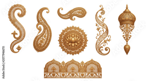 Golden paisley ornaments and intricate mandala set, luxury 3D metallic floral elements, traditional Indian henna patterns for wedding invitation design isolated PNG with Transparent Background