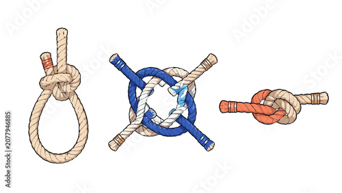 Foto Nautical rope knot set with loop and intertwined cord designs