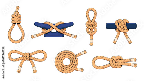 Fotografia Set of nautical rope knots and loops with mooring cleats