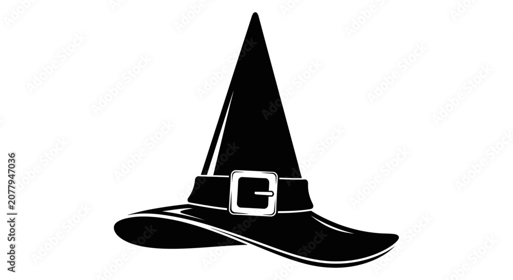 Fototapeta premium Classic black witch hat silhouette with a buckle, Halloween costume accessory, isolated white background.